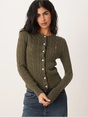 Ralph Lauren Olive Green Cable-Knit Button-Up Cardigan